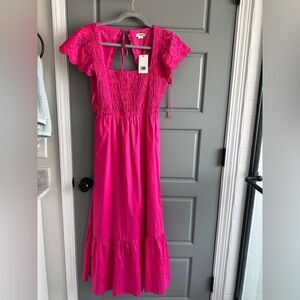 Vibrant Pink Maxi Dress with Lace Sleeves